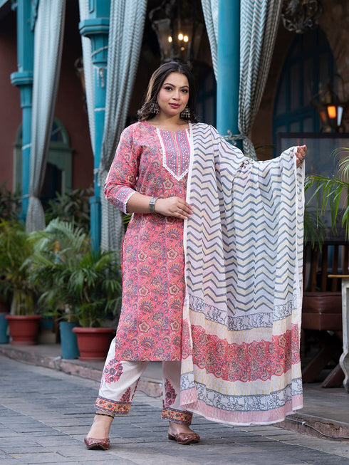 Women Plus Size Peach Pure Cotton Kurta Set With Dupatta